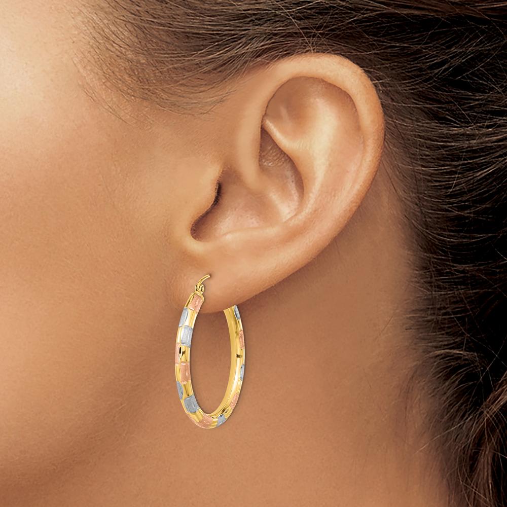 14K Yellow Gold Polished Satin Diamond-Cut Large Hoop Earrings with White and Rose Rhodium Accents by 0