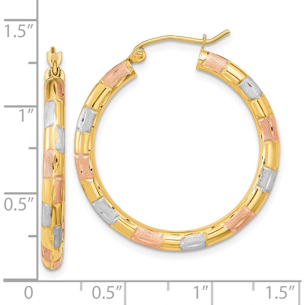 14K Yellow Gold Polished Satin Diamond-Cut Large Hoop Earrings with White and Rose Rhodium Accents by 0
