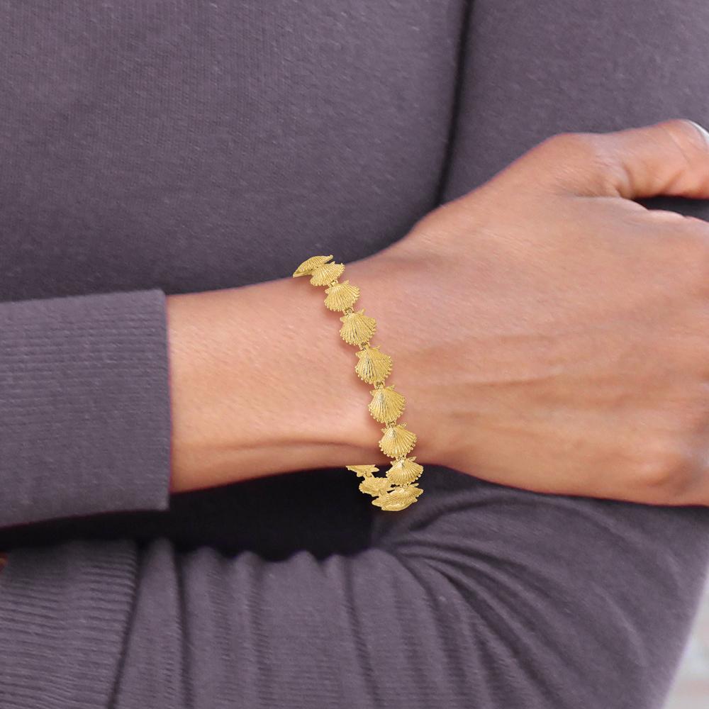 14K Yellow Gold Polished Scallop Shell Bracelet - 7.25" with Textured Stations by Oro Pregiato