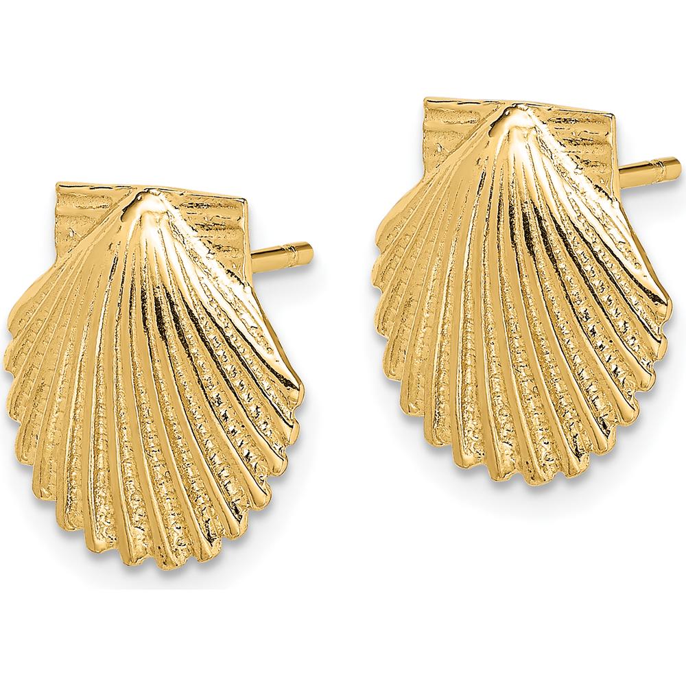 14K Yellow Gold Polished Scallop Shell Button Earrings - 12.45mm Length by 0