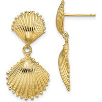 14K Yellow Gold Polished Scallop Shell Dangle Earrings - 29.3mm Length by 0