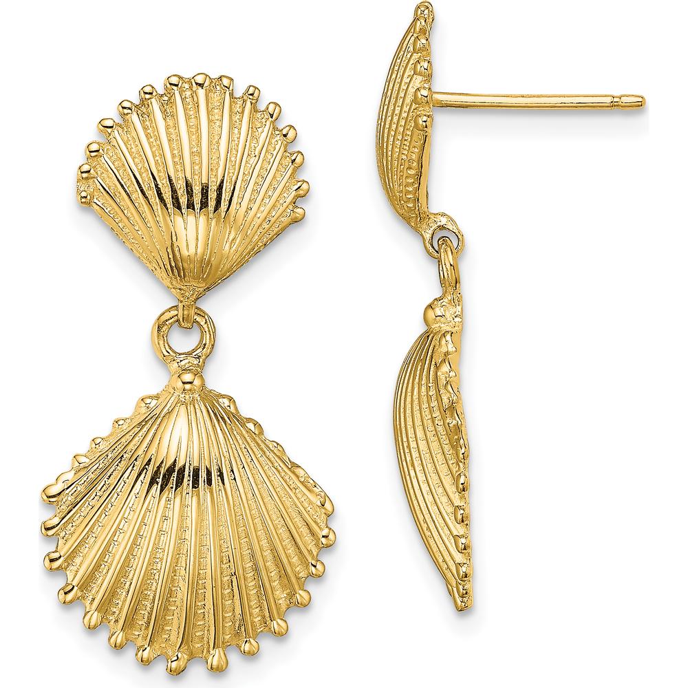 14K Yellow Gold Polished Scallop Shell Dangle Earrings - 29.3mm Length by 0