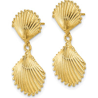 14K Yellow Gold Polished Scallop Shell Dangle Earrings - 29.3mm Length by 0