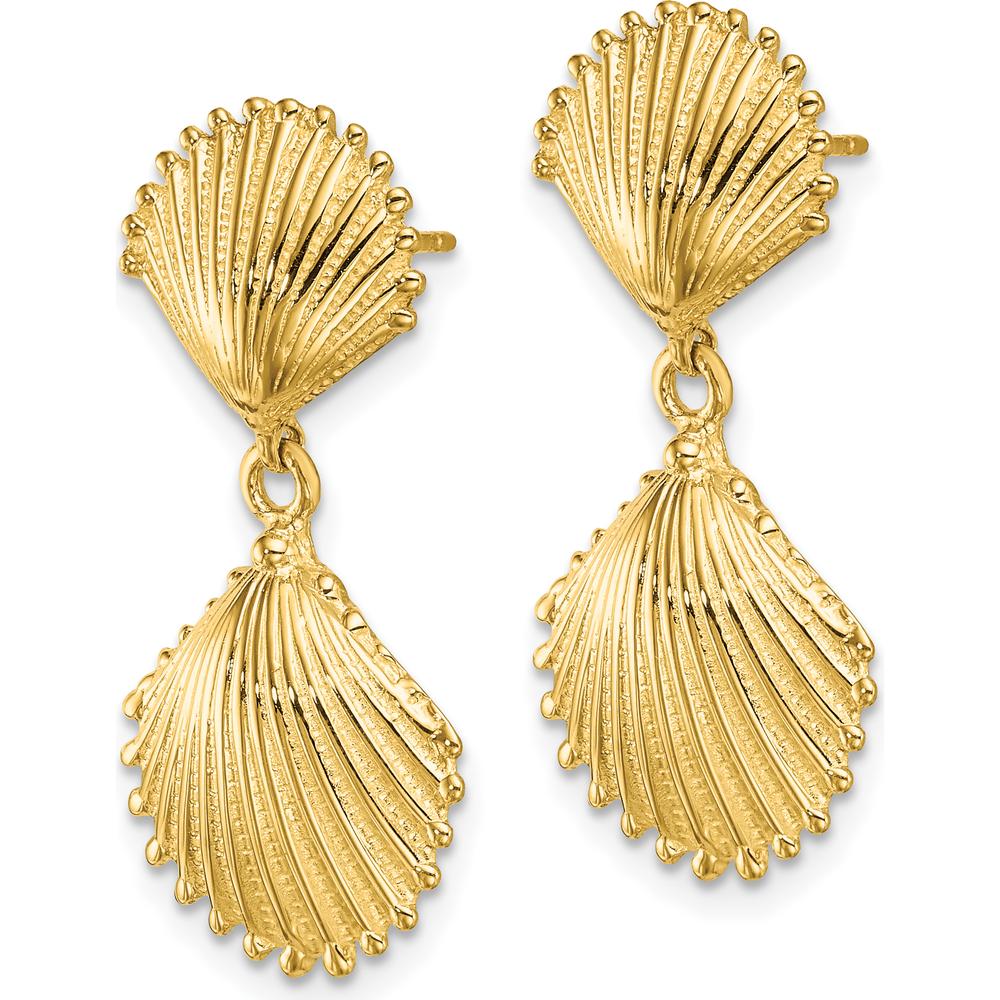 14K Yellow Gold Polished Scallop Shell Dangle Earrings - 29.3mm Length by 0