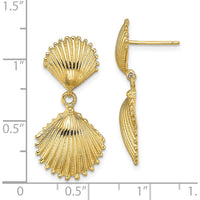 14K Yellow Gold Polished Scallop Shell Dangle Earrings - 29.3mm Length by 0
