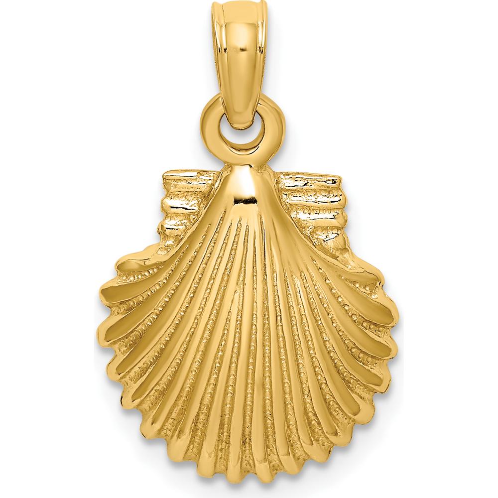14K Yellow Gold Polished Scallop Shell Pendant Charm - Elegant Textured Ocean-Inspired Design by Oro Pregiato