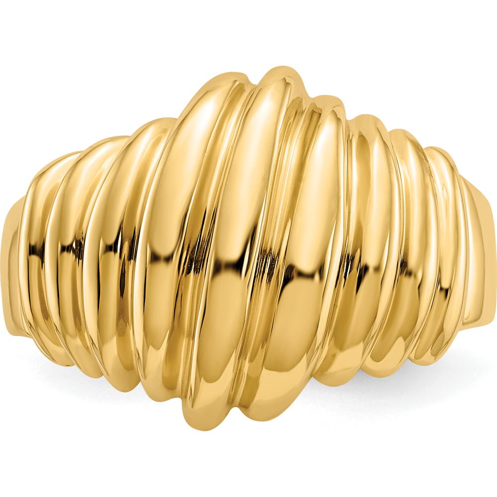 14K Yellow Gold Polished Scalloped Dome Ring - Sizeable, Tapered Band, Domed Profile by Oro Pregiato