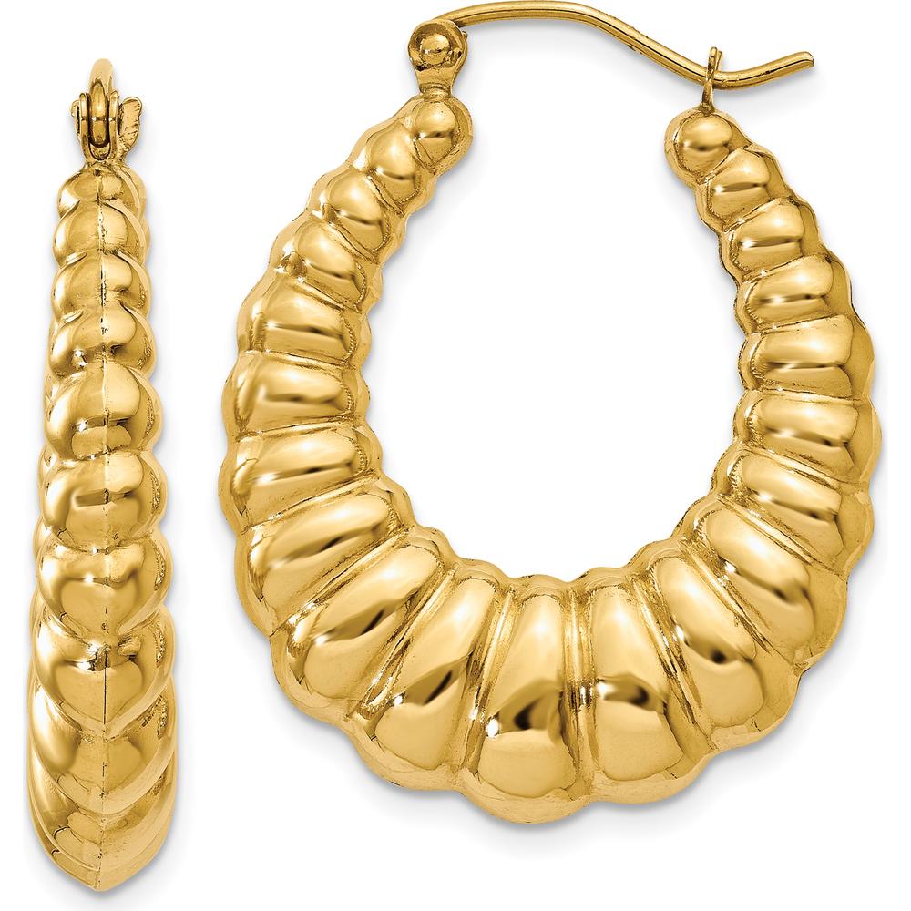 14K Yellow Gold Polished Scalloped Hoop Earrings - 13mm Length, 5mm Width by 0