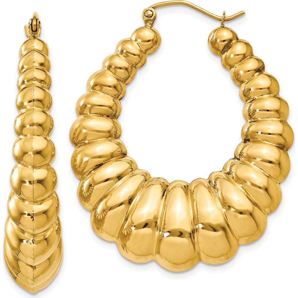 14K Yellow Gold Polished Scalloped Hoop Earrings - 41mm Length, 34mm Width by 0