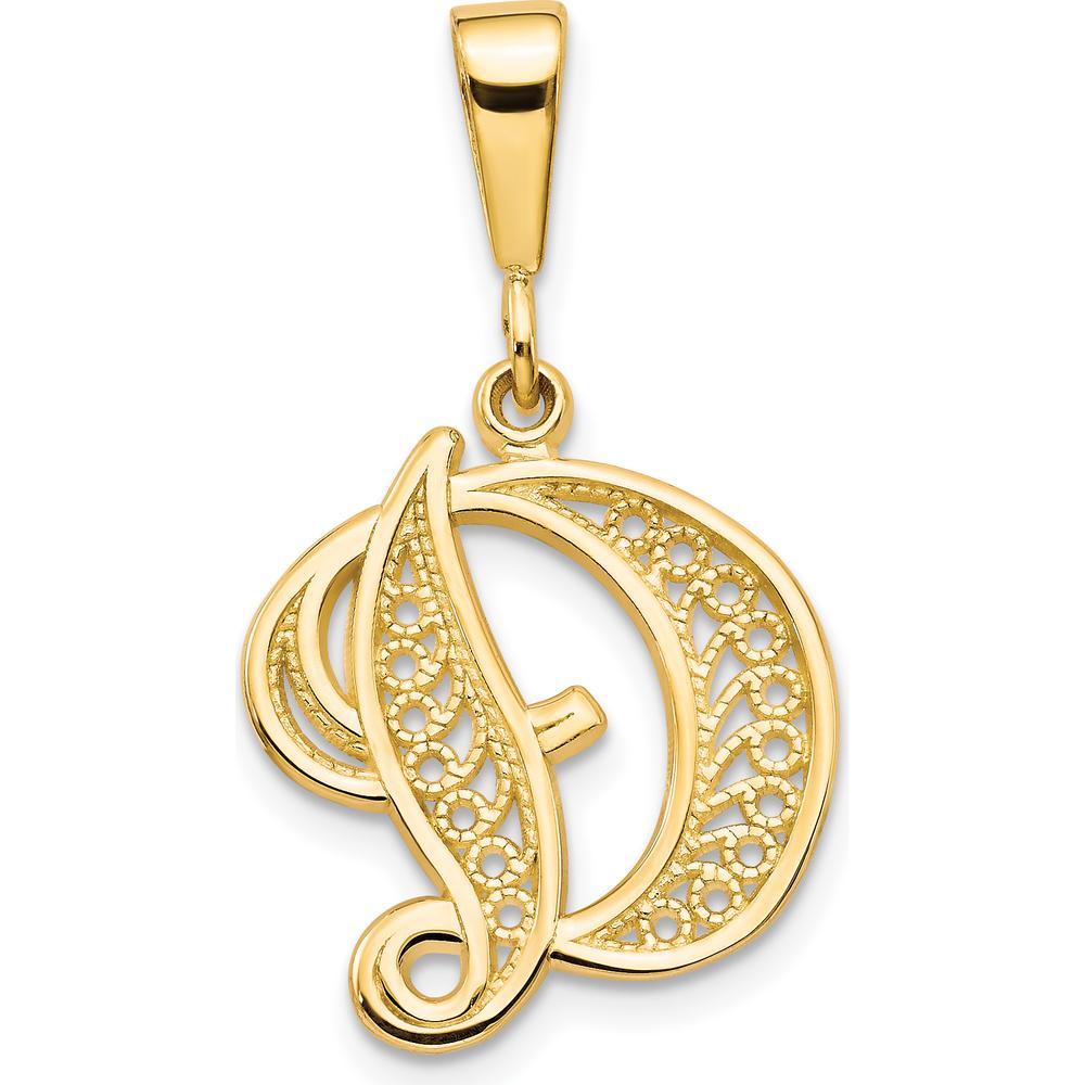 14K Yellow Gold Polished Script Filigree Letter D Initial Pendant - Elegant Personalized Charm by Oro Pregiato
