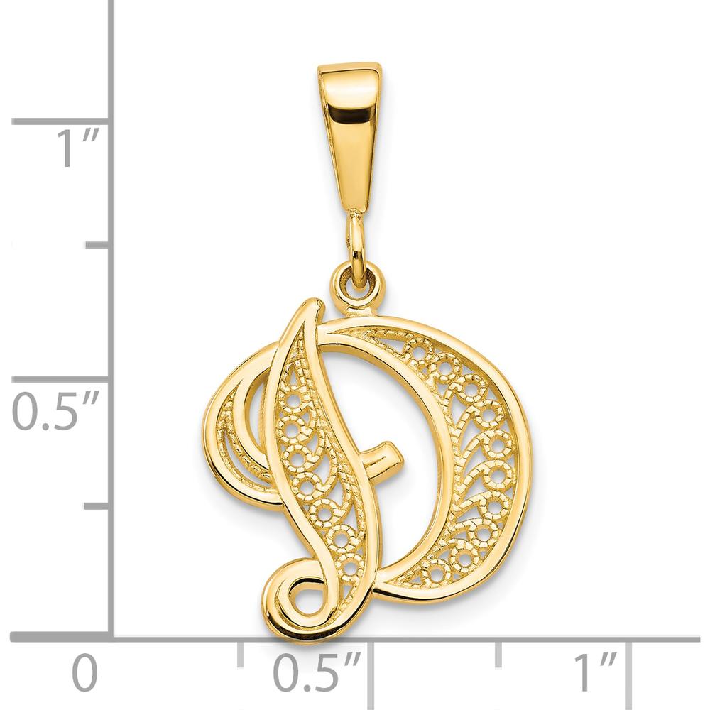 14K Yellow Gold Polished Script Filigree Letter D Initial Pendant - Elegant Personalized Charm by Oro Pregiato