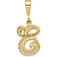 14K Yellow Gold Polished Script Filigree Letter E Initial Pendant by Oro Pregiato