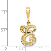 14K Yellow Gold Polished Script Filigree Letter E Initial Pendant by Oro Pregiato