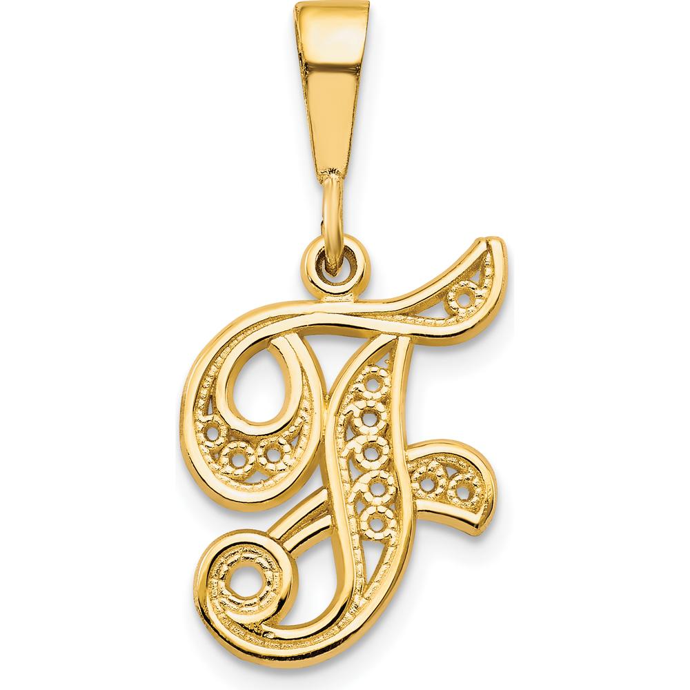 14K Yellow Gold Polished Script Filigree Letter F Initial Pendant by Oro Pregiato