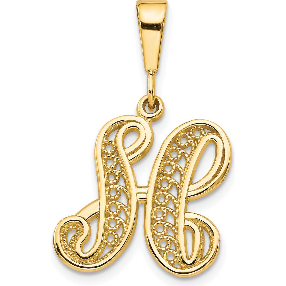 14K Yellow Gold Polished Script Filigree Letter H Initial Pendant by Oro Pregiato