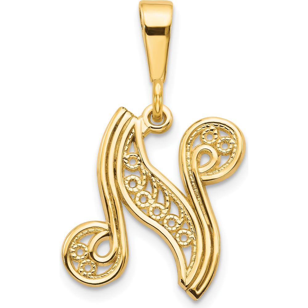 14K Yellow Gold Polished Script Filigree Letter N Initial Pendant by Oro Pregiato