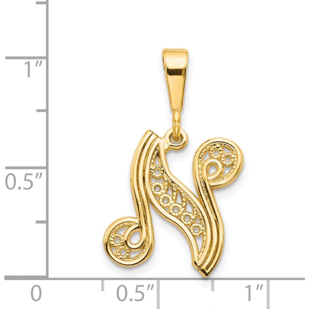 14K Yellow Gold Polished Script Filigree Letter N Initial Pendant by Oro Pregiato