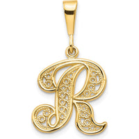 14K Yellow Gold Polished Script Filigree Letter R Initial Pendant by Oro Pregiato