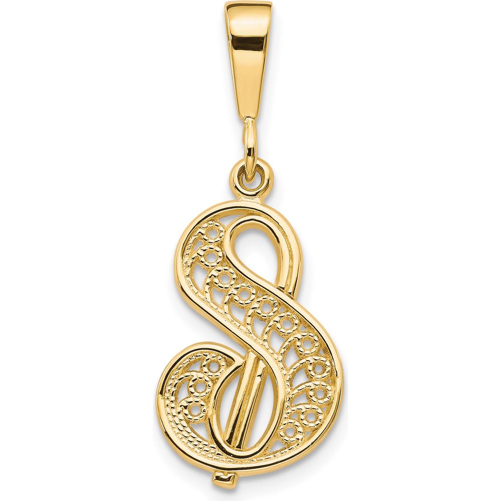 14K Yellow Gold Polished Script Filigree Letter S Initial Pendant - Large Size by Oro Pregiato