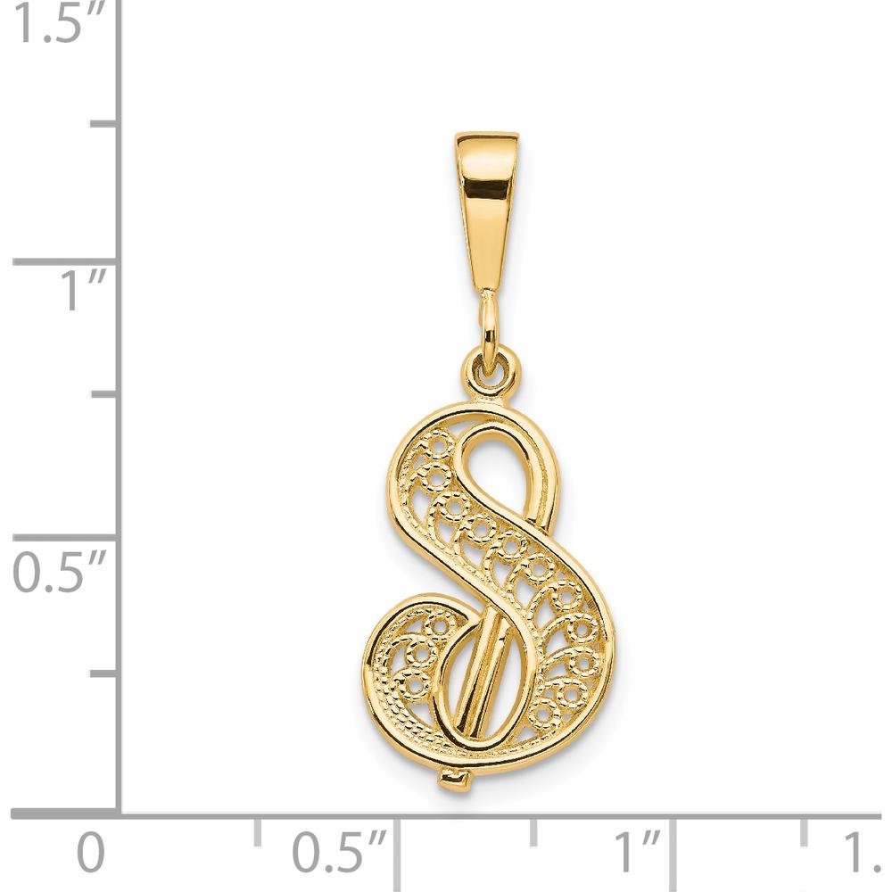 14K Yellow Gold Polished Script Filigree Letter S Initial Pendant - Large Size by Oro Pregiato