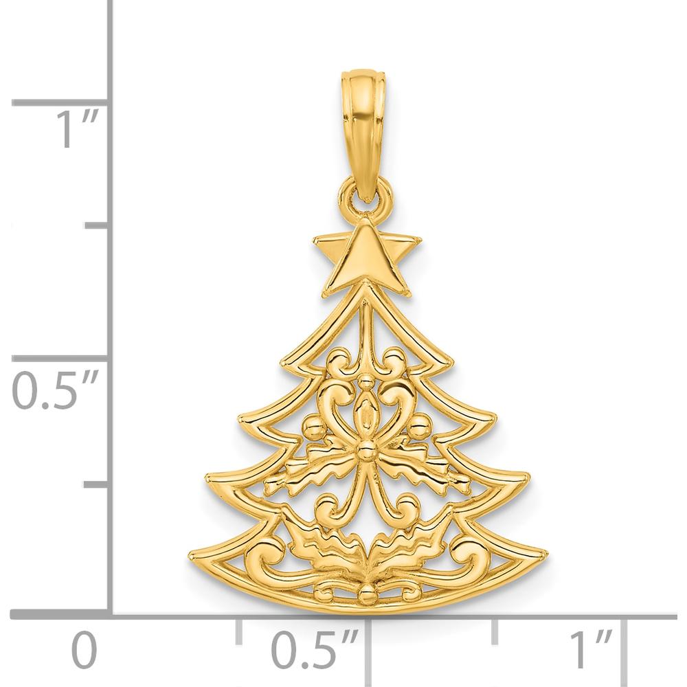 14K Yellow Gold Polished Scrolled Christmas Tree Pendant - 27mm Length by Oro Pregiato
