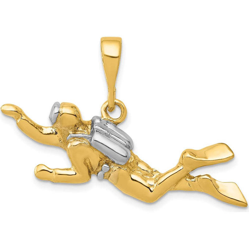 14K Yellow Gold Polished Scuba Diver Pendant with Rhodium Accents - Themed Adventure Charm by Oro Pregiato