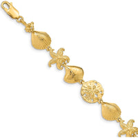 14K Yellow Gold Polished Sea Life 7.25" Bracelet with Starfish and Seashell Motifs - Solid Gold Statement Jewelry by Oro Pregiato
