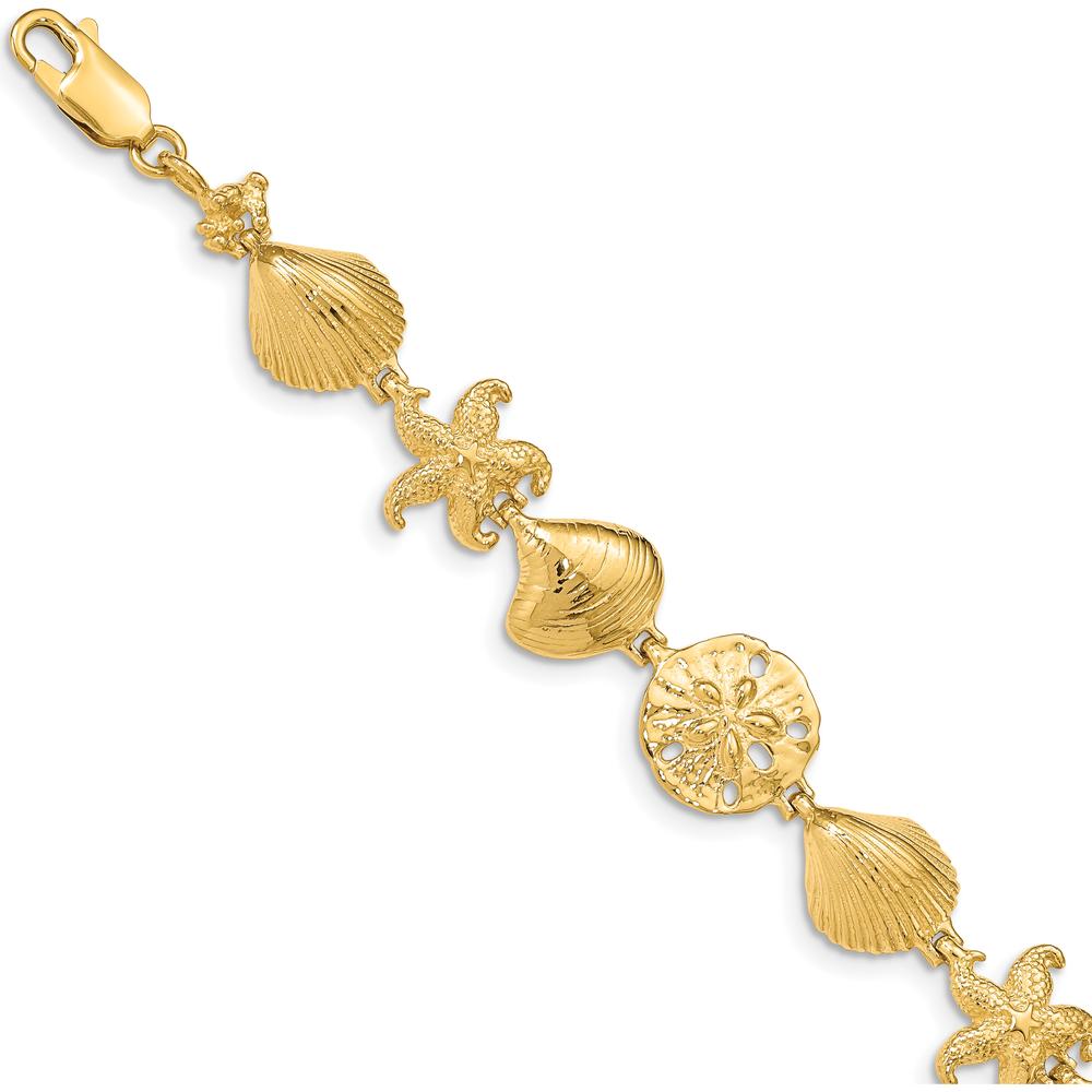 14K Yellow Gold Polished Sea Life 7.25" Bracelet with Starfish and Seashell Motifs - Solid Gold Statement Jewelry by Oro Pregiato