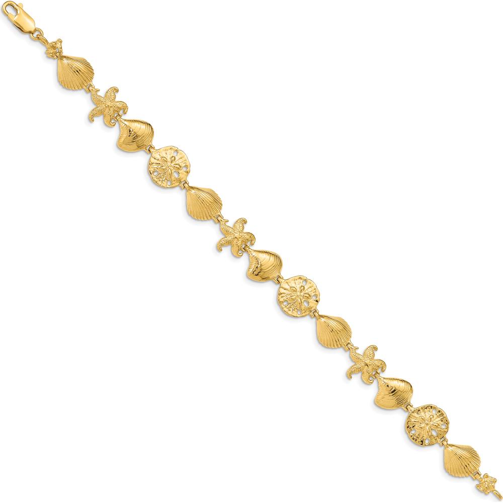14K Yellow Gold Polished Sea Life 7.25" Bracelet with Starfish and Seashell Motifs - Solid Gold Statement Jewelry by Oro Pregiato