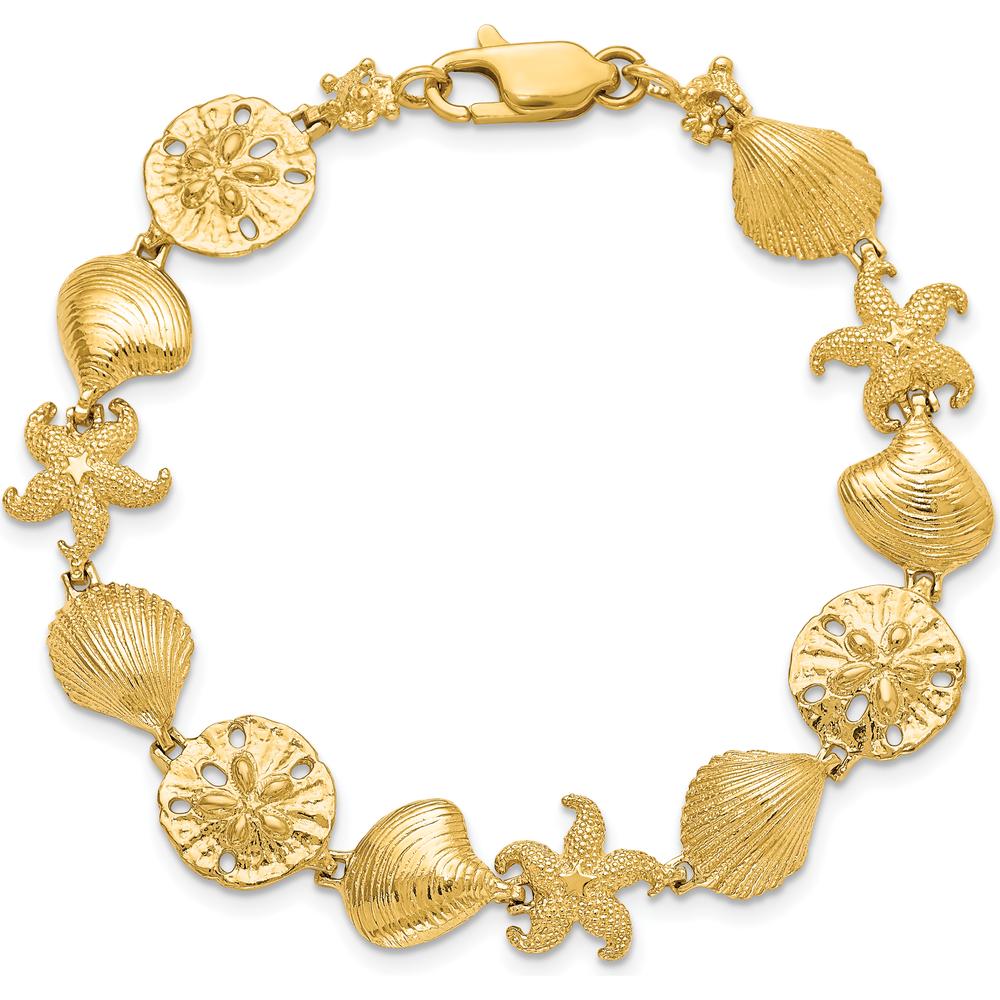 14K Yellow Gold Polished Sea Life 7.25" Bracelet with Starfish and Seashell Motifs - Solid Gold Statement Jewelry by Oro Pregiato