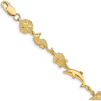 14K Yellow Gold Polished Sea Life Bracelet with Dolphin, Seahorse, and Shell Motifs - 7 Inches by Oro Pregiato
