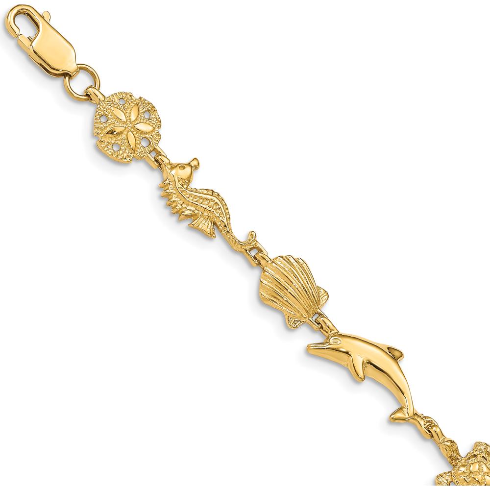 14K Yellow Gold Polished Sea Life Bracelet with Dolphin, Seahorse, and Shell Motifs - 7 Inches by Oro Pregiato