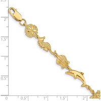 14K Yellow Gold Polished Sea Life Bracelet with Dolphin, Seahorse, and Shell Motifs - 7 Inches by Oro Pregiato