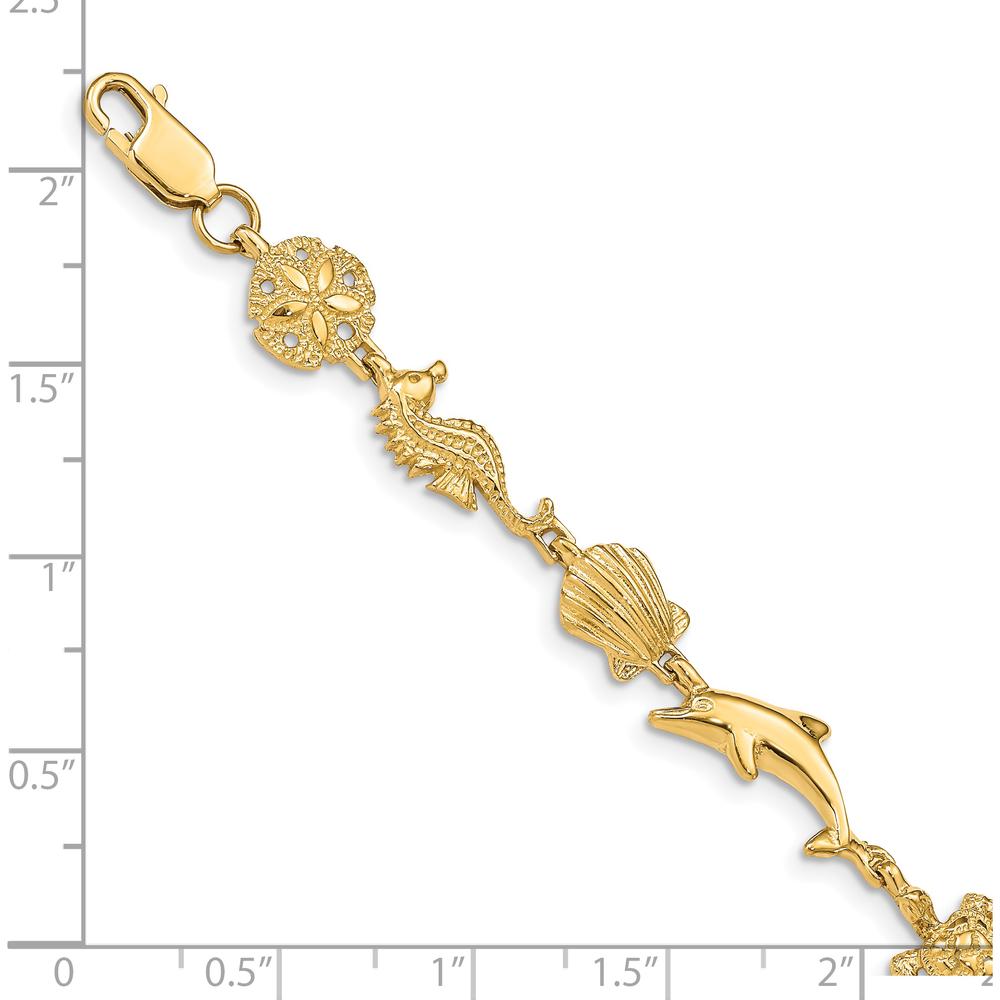 14K Yellow Gold Polished Sea Life Bracelet with Dolphin, Seahorse, and Shell Motifs - 7 Inches by Oro Pregiato