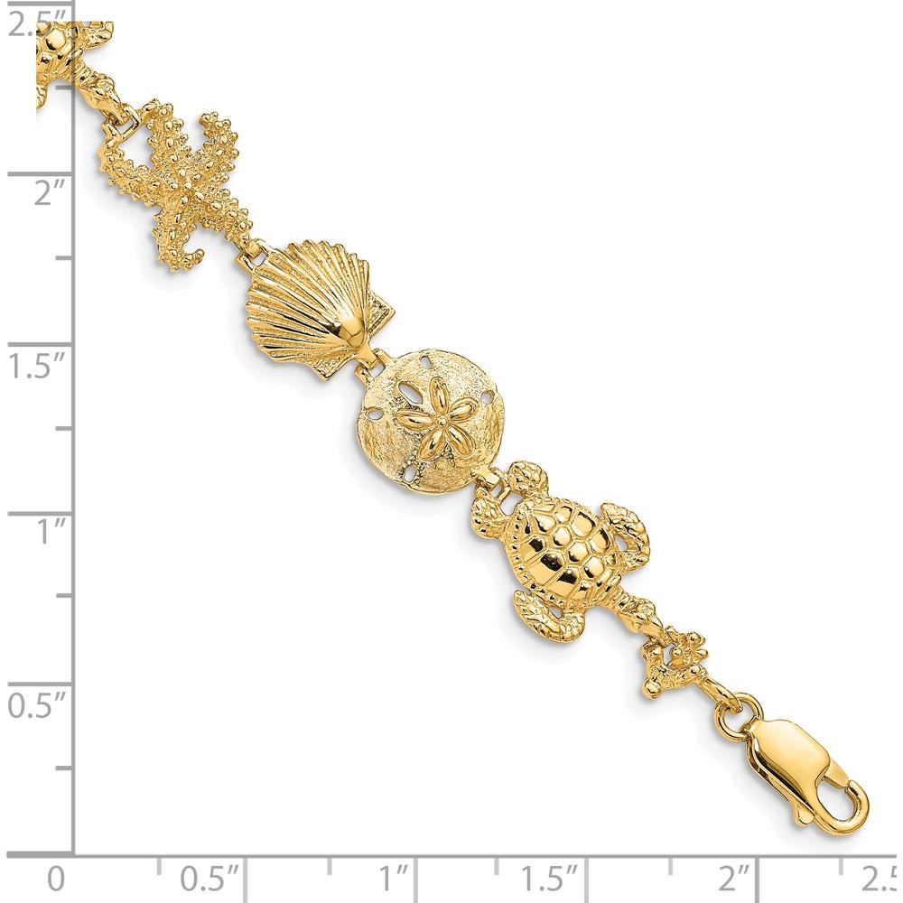14K Yellow Gold Polished Sea Life Theme 7.25" Bracelet with Starfish and Sea Turtle Design by Oro Pregiato