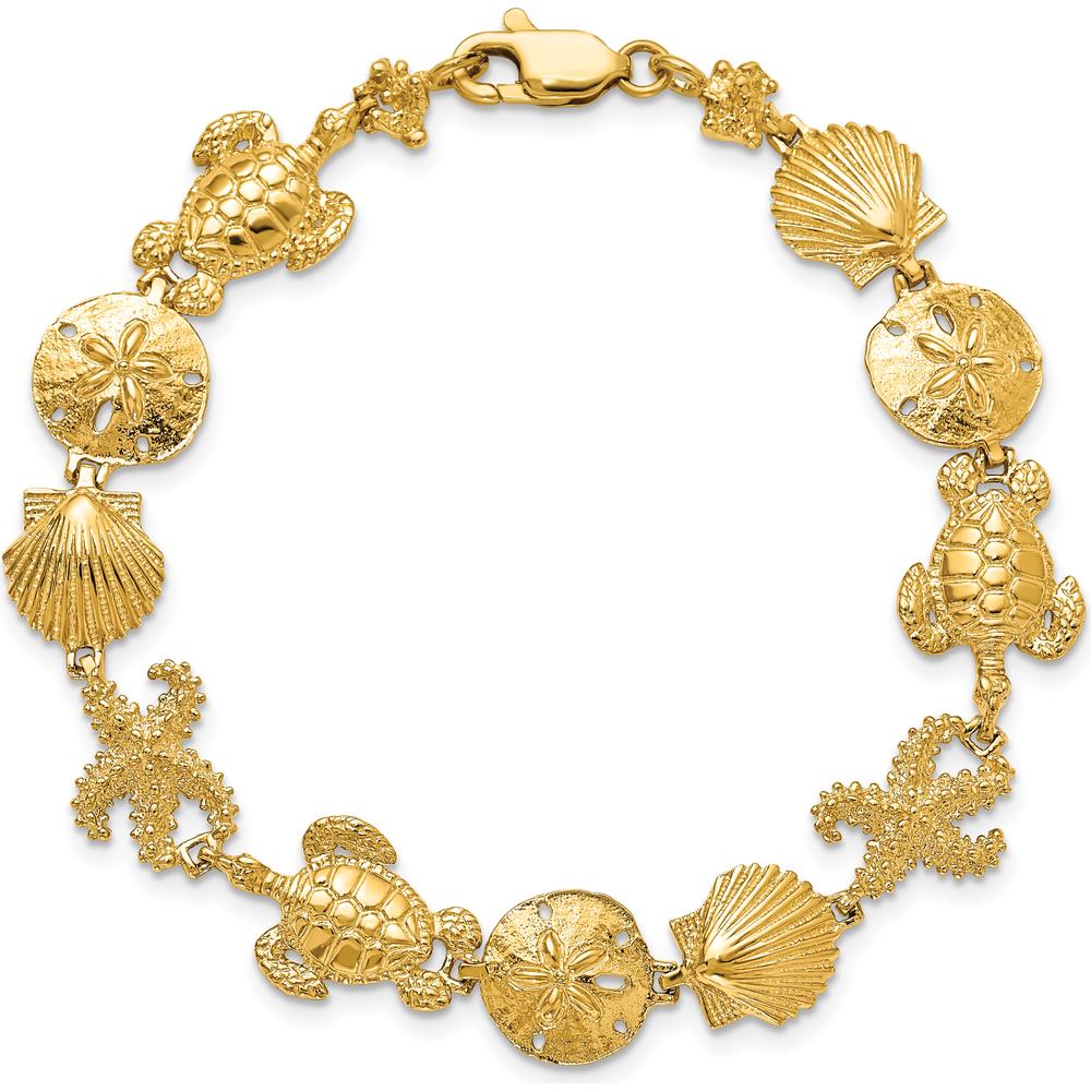 14K Yellow Gold Polished Sea Life Theme 7.25" Bracelet with Starfish and Sea Turtle Design by Oro Pregiato
