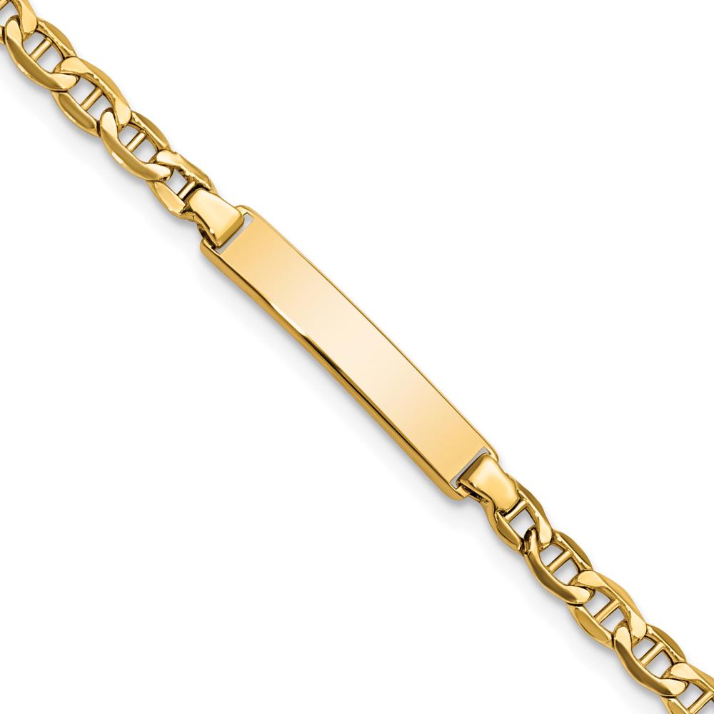 14K Yellow Gold Polished Semi-Solid Anchor Link ID Bracelet - 7" Length, Customizable Plate by Oro Pregiato