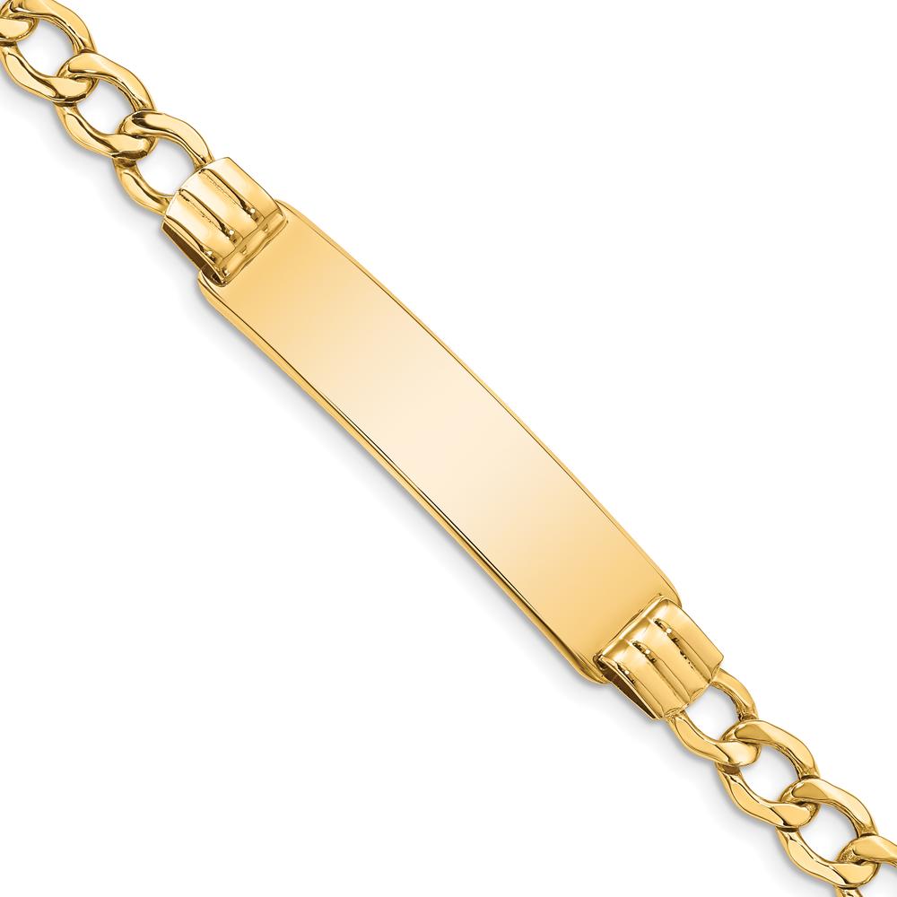 14K Yellow Gold Polished Semi-Solid Curb Link ID Bracelet with Engravable Solid Plate - 7 Inches by Oro Pregiato
