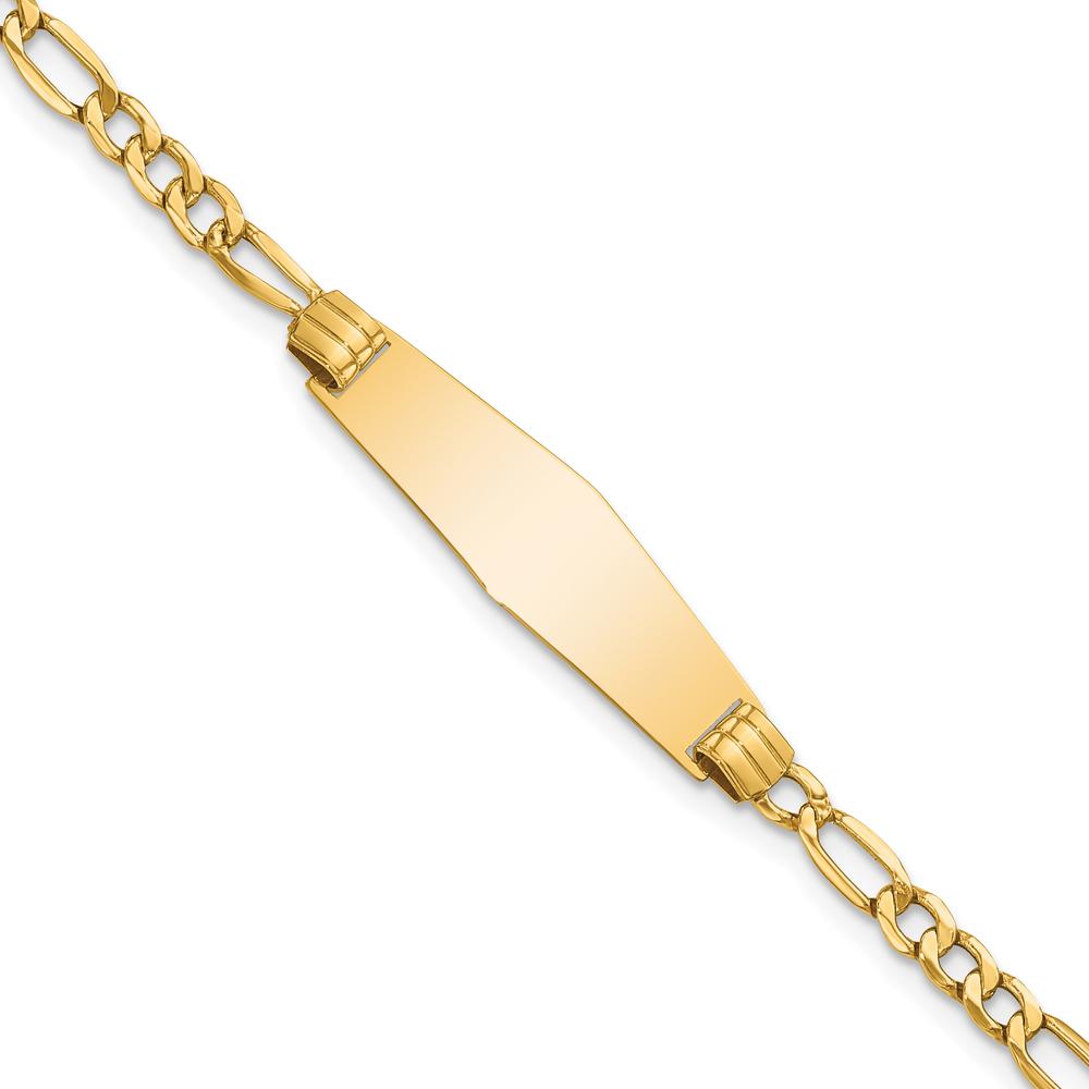 14K Yellow Gold Polished Semi-Solid Figaro Chain ID Bracelet with Soft Diamond Shape Plate - 7" Length by Oro Pregiato