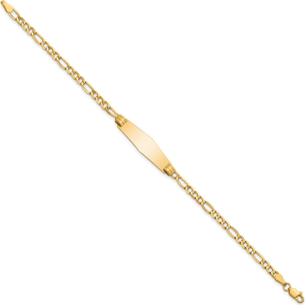 14K Yellow Gold Polished Semi-Solid Figaro Chain ID Bracelet with Soft Diamond Shape Plate - 7" Length by Oro Pregiato