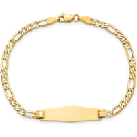 14K Yellow Gold Polished Semi-Solid Figaro Chain ID Bracelet with Soft Diamond Shape Plate - 7" Length by Oro Pregiato