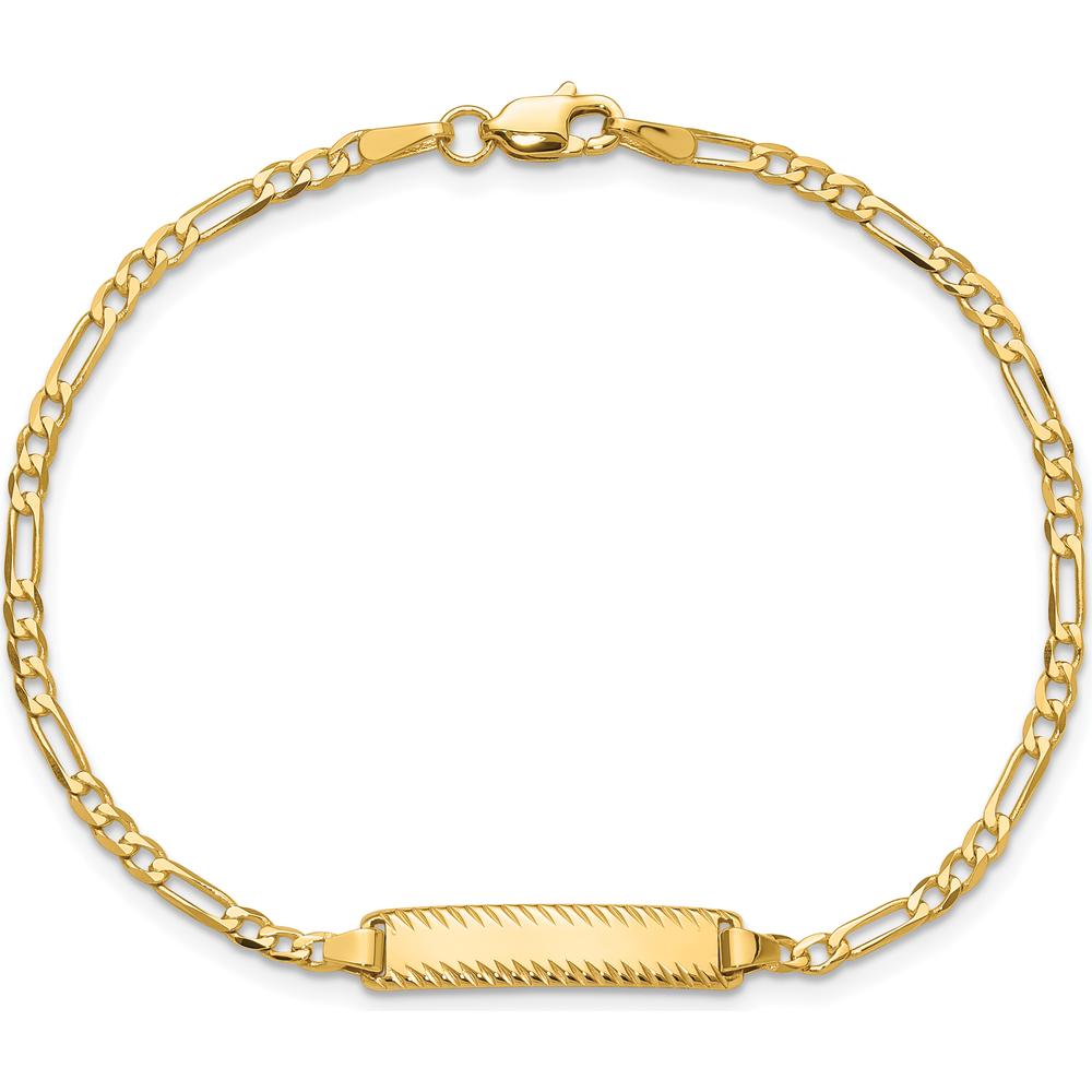 14K Yellow Gold Polished Solid Chain Figaro Link ID Bracelet with Diamond-Cut Plate - 8" Length by Oro Pregiato