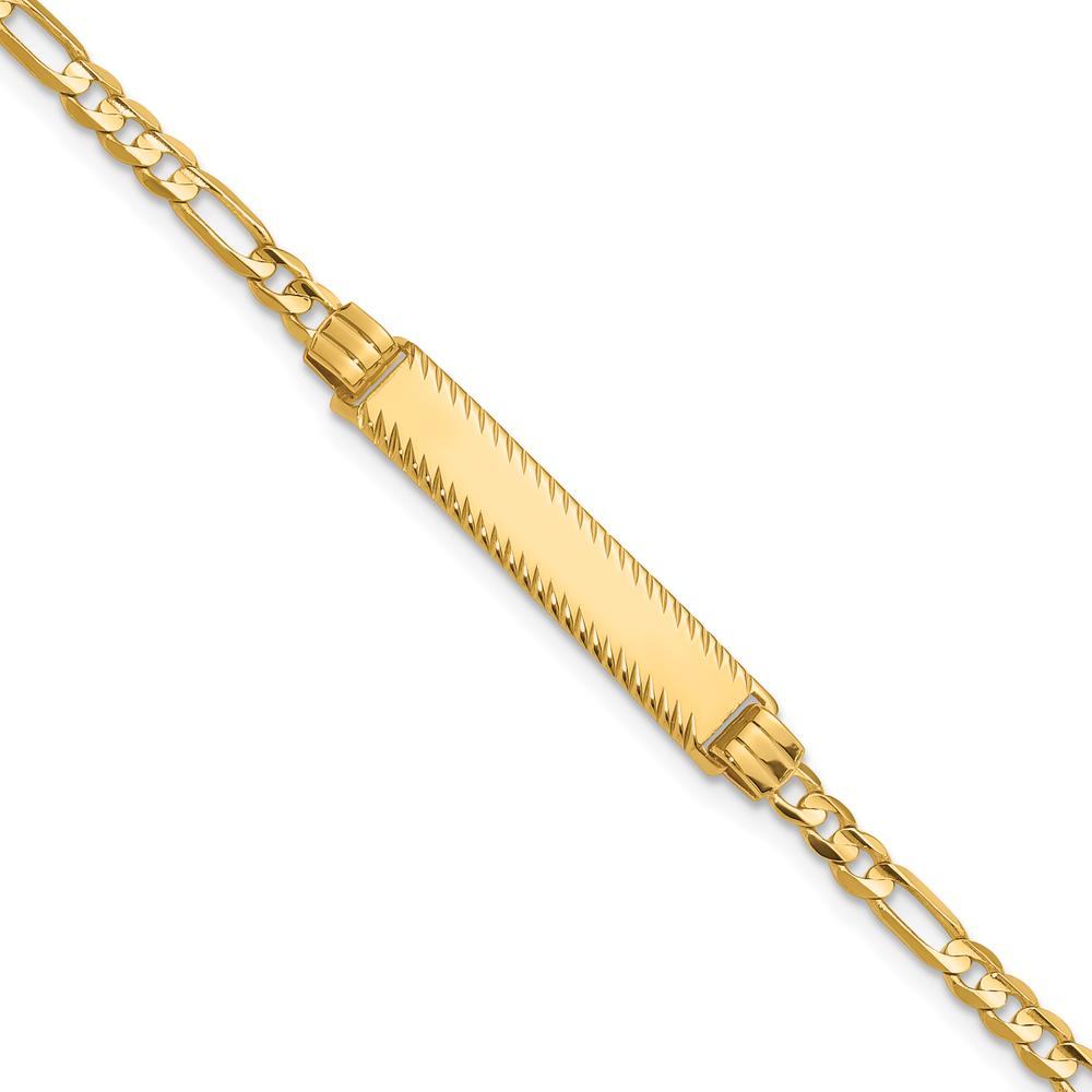 14K Yellow Gold Polished Solid Chain Figaro Link ID Bracelet with Diamond-cut Plate - 8" Length by Oro Pregiato
