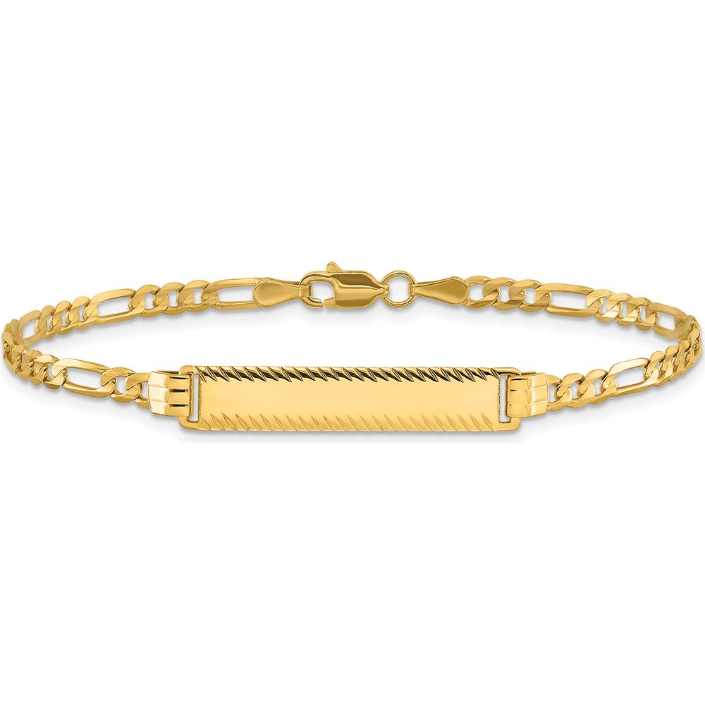 14K Yellow Gold Polished Solid Chain ID Bracelet with Diamond-Cut Figaro Link - 7" Length by Oro Pregiato