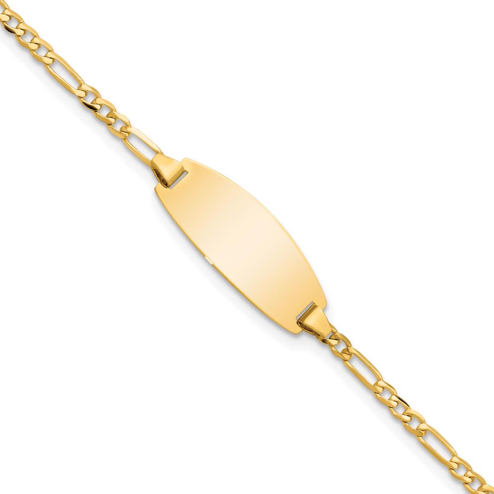 14K Yellow Gold Polished Solid Chain ID Bracelet with Figaro Links and Engravable Plate - 5.5" by Oro Pregiato