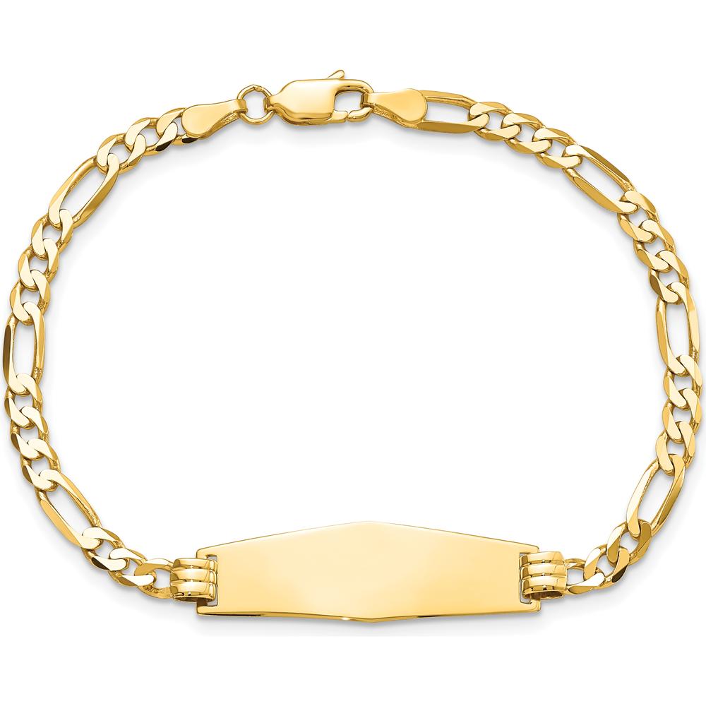 14K Yellow Gold Polished Solid Chain ID Bracelet with Flat Figaro Link and Engravable Solid Plate - 8" Length by Oro Pregiato