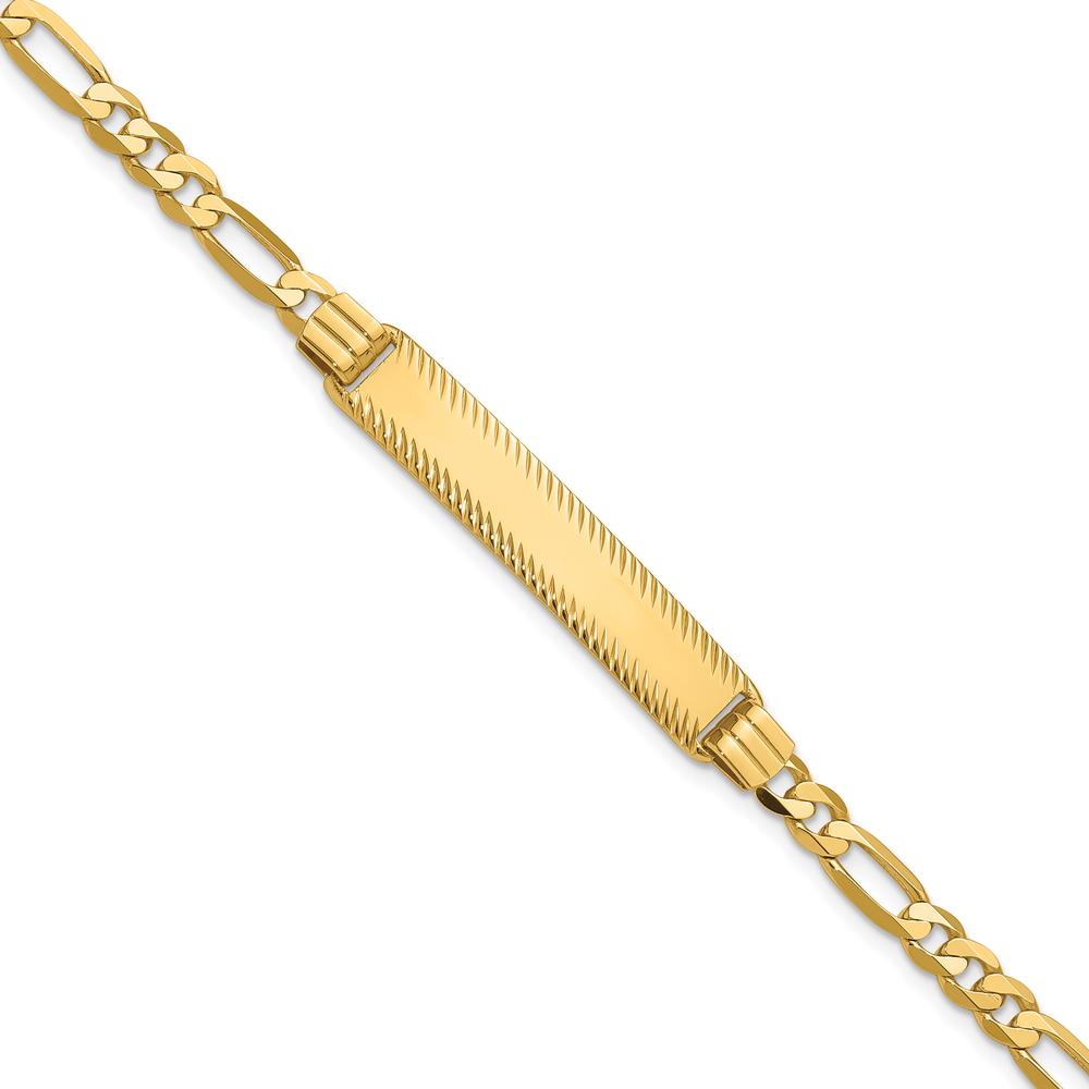 14K Yellow Gold Polished Solid Figaro Link ID Bracelet with Diamond-Cut Plate - 8" Length by Oro Pregiato