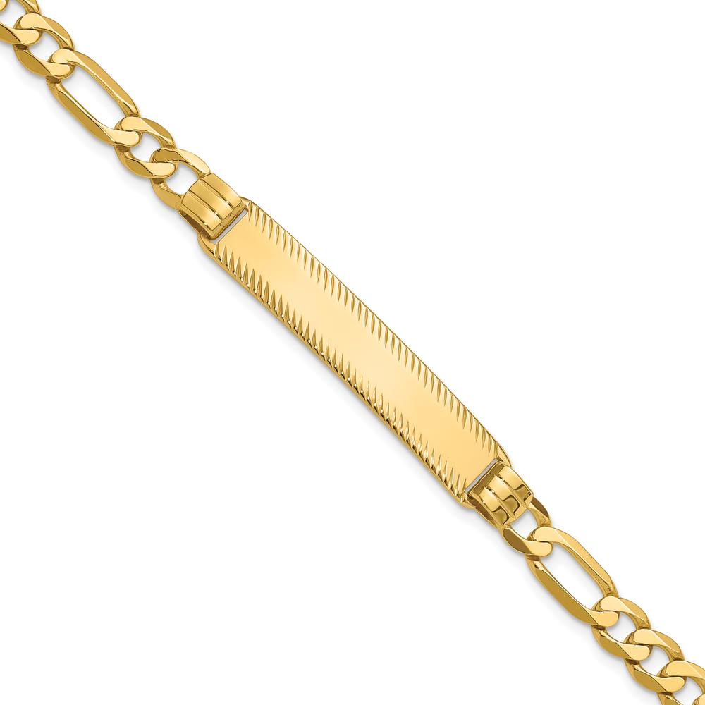 14K Yellow Gold Polished Solid Figaro Link ID Bracelet with Diamond-Cut Solid Plate - 8" by Oro Pregiato