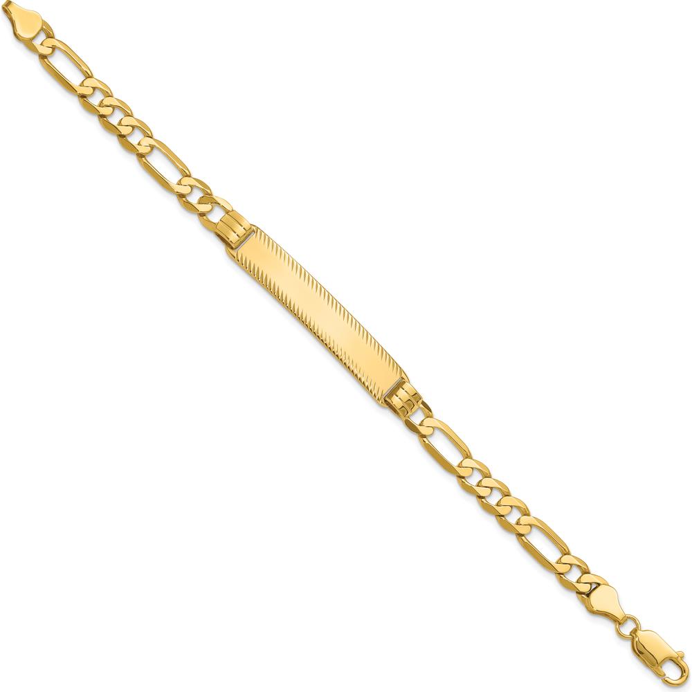 14K Yellow Gold Polished Solid Figaro Link ID Bracelet with Diamond-Cut Solid Plate - 8" by Oro Pregiato