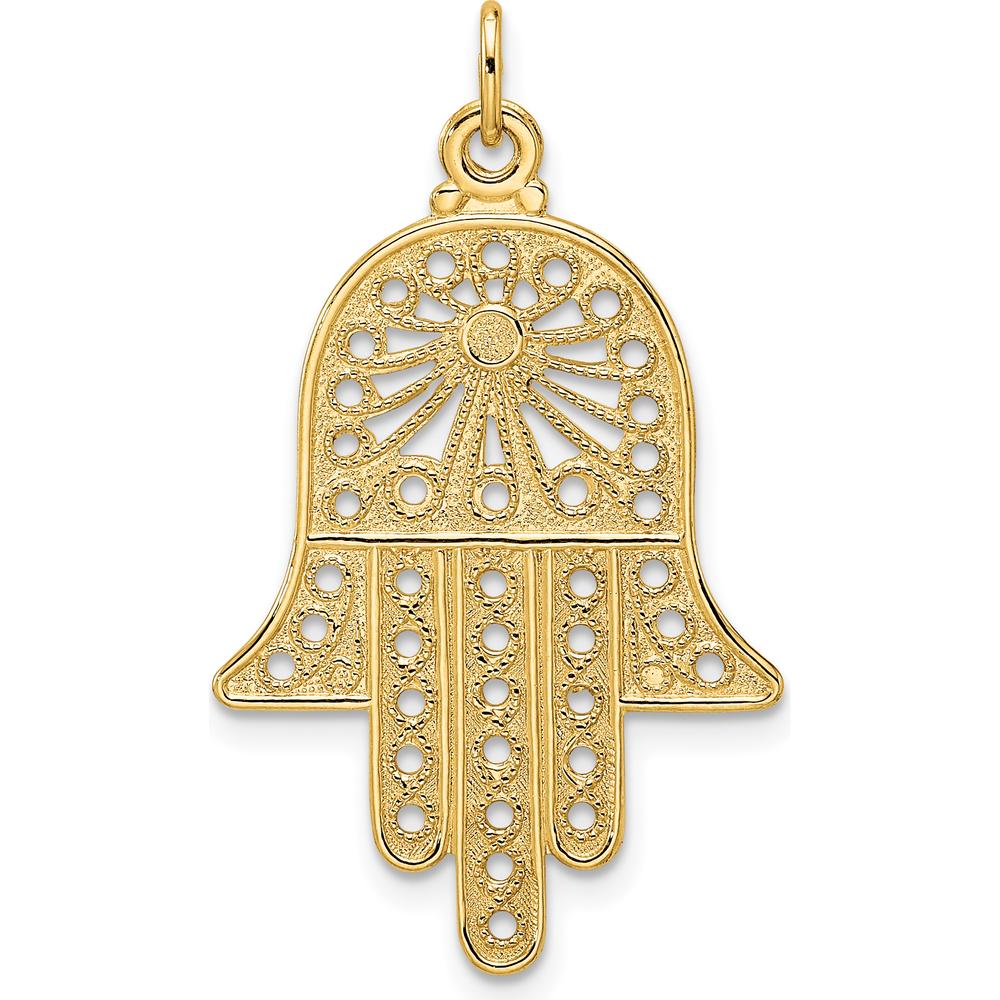14K Yellow Gold Polished Solid Filigree Hamsa Pendant - 31.45mm Length by Oro Pregiato